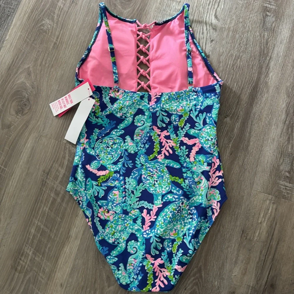 Lilly Pulitzer one piece swimsuit size 12 women’s Corsica blue turtle Ville  NWT - Picture 4 of 6